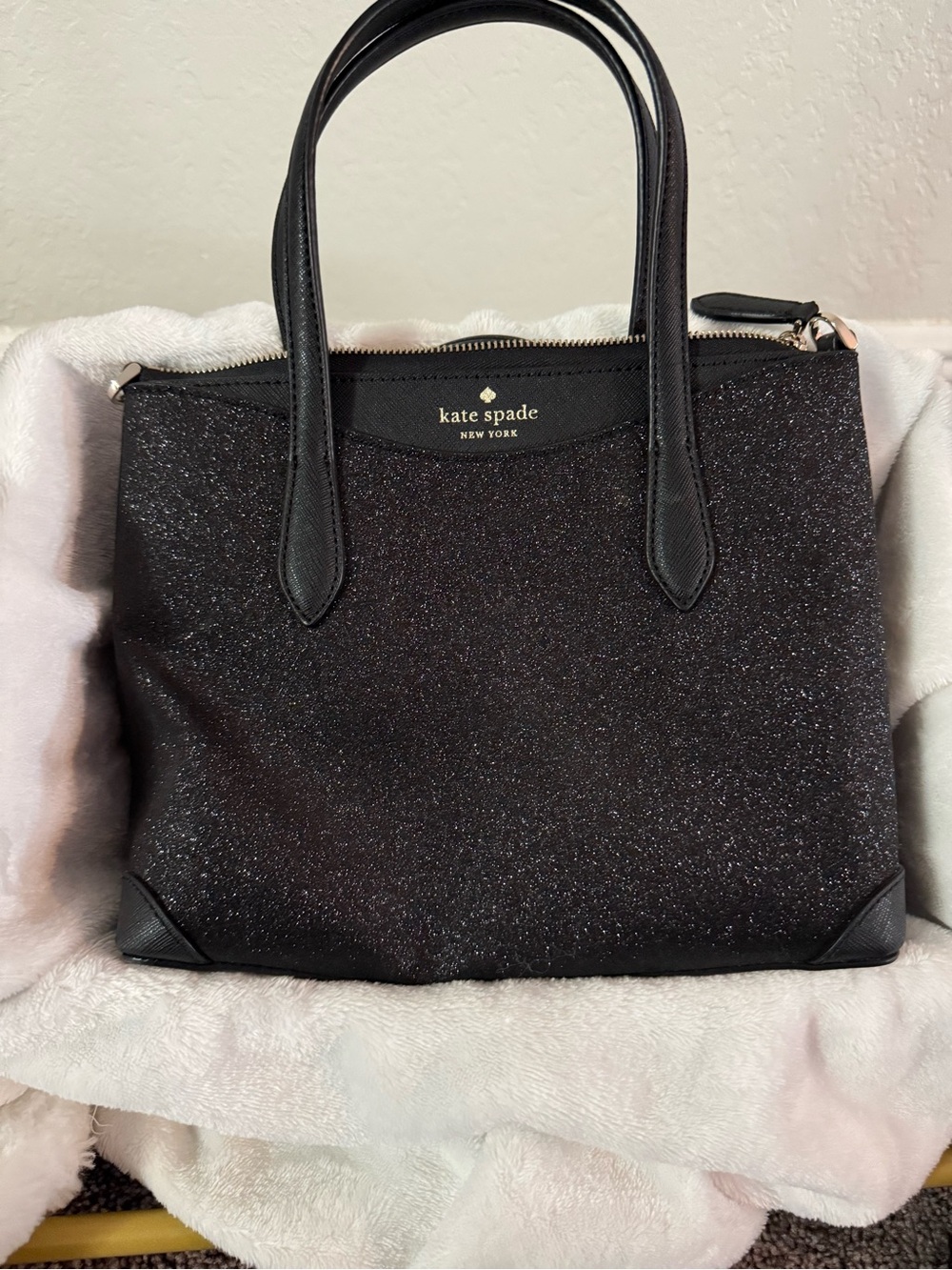Kate Spade New York Black Glitter Satchel Tote Purse Crossbody Bag Silver Hardwa